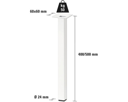 Tischbein mit einer Tragkraft von 50 Kilogramm und den Maßen 60 x 60 Millimeter