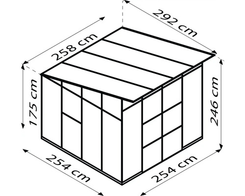 Illustration eines Gewächshauses mit Maßangaben