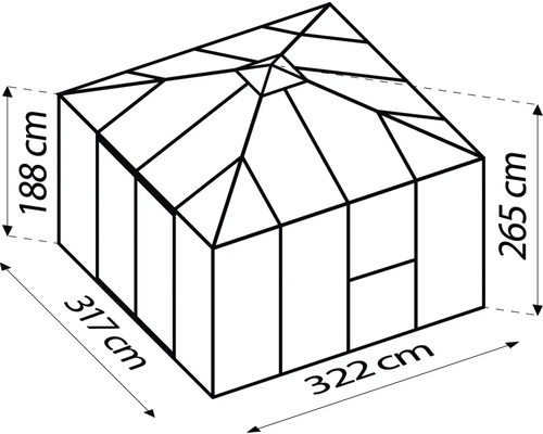 Abbildung eines Gewächshauses mit den Maßen 317 cm Breite, 322 cm Länge und 265 cm Höhe