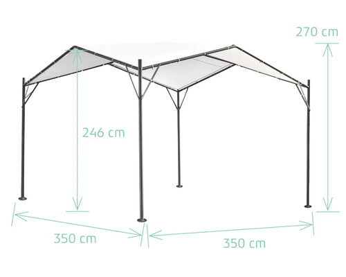 Pavillon mit Maßen 270 cm Höhe, 350 cm Länge und 246 cm Durchgangshöhe