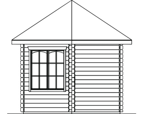 Illustration eines Gartenhauses mit Fenster und Giebeldach.