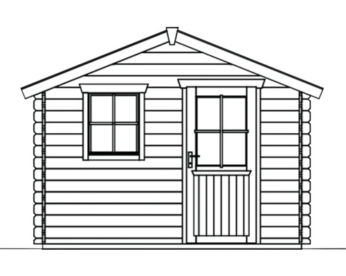 Illustration eines Gartenhauses mit Fenster und Tür.