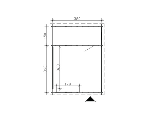 Technische Zeichnung eines Gartenhauses mit Maßangaben