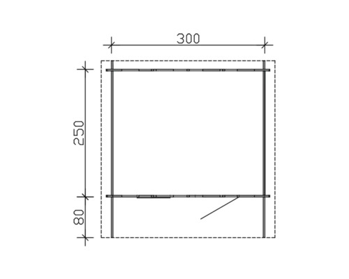 Technische Zeichnung eines Gerätehauses mit den Maßen 300 x 250 x 80 cm