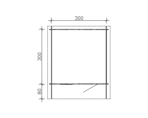 Technische Zeichnung einer Hütte mit den Maßen 300 mal 300 mal 80
