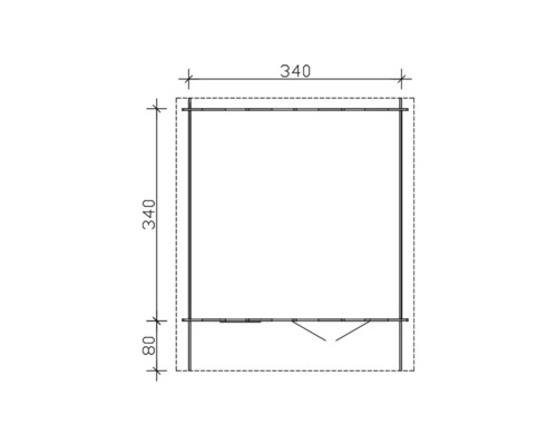 Technische Zeichnung eines Gerätehauses mit den Maßen 340 x 340 x 80 cm.