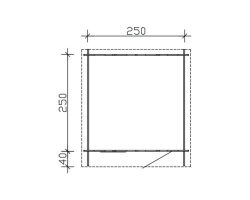 Technische Zeichnung eines Gartenhauses mit den Maßen 250 mal 250 mal 40 Zentimeter