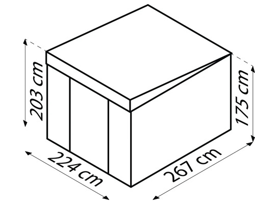 Abmessungen eines Gerätehauses: 203 cm Höhe, 224 cm Breite, 267 cm Tiefe, 175 cm Seitenhöhe