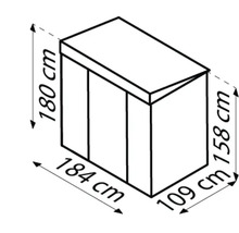 Illustration eines Gerätehauses mit Maßangaben: Höhe 180 cm, Breite 184 cm, Seitenhöhe 158 cm, Tiefe 109 cm.