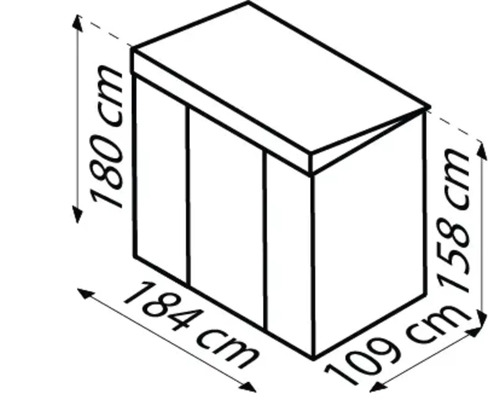 Illustration eines Gerätehauses mit Maßangaben: Höhe 180 cm, Breite 184 cm, Seitenhöhe 158 cm, Tiefe 109 cm.