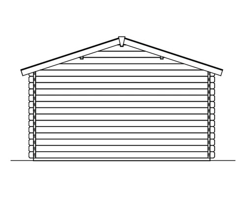 Zeichnung einer Gartenlaube mit Satteldach und Blockbohlenbauweise