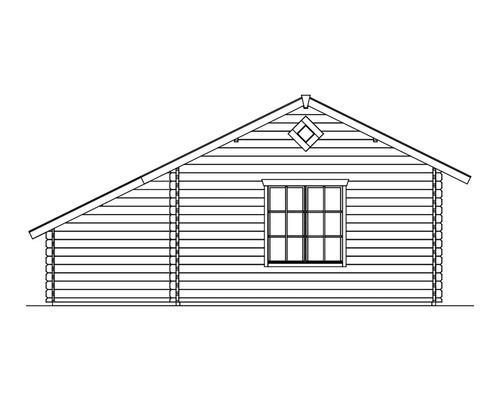 Zeichnung eines Holzhauses mit Fenster und Satteldach