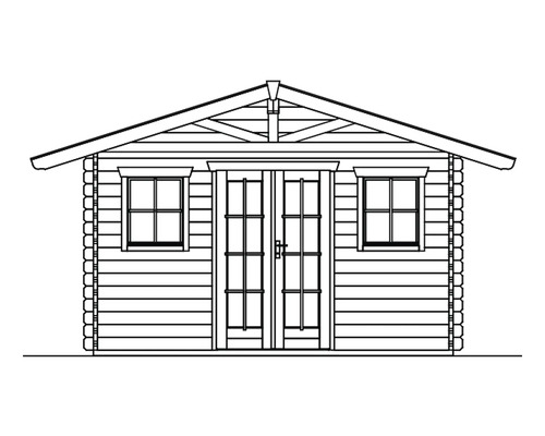 Illustration eines Gartenhauses mit Doppeltür und zwei Fenstern.