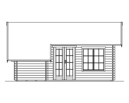 Illustration eines Gartenhauses mit Doppeltür und Fenster.