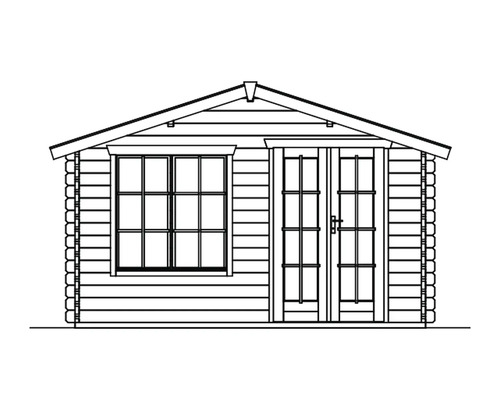Zeichnung eines Gartenhauses mit Fenster und Doppeltür