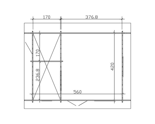 Technische Zeichnung eines Gartenhauses mit Maßangaben.