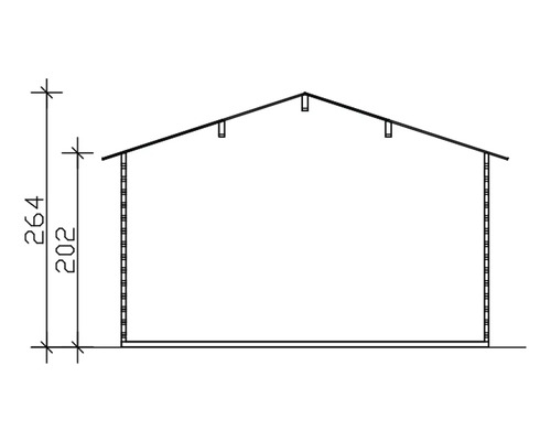 Technische Zeichnung eines Gerätehauses mit Giebeldach und Maßangaben