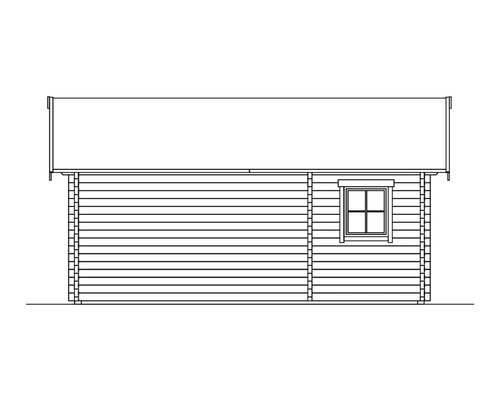 Zeichnung eines Gartenhauses aus Holz mit Fenster