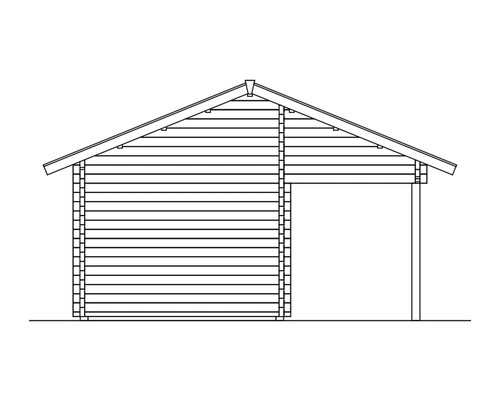 Illustration eines Holzhauses mit Pultdach und offenem Eingang