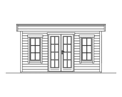 Illustration eines Gartenhauses mit Doppeltür und Fenstern