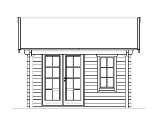 Zeichnung eines Gartenhauses mit Tür und Fenster