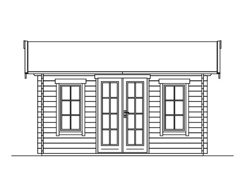 Illustration eines Gartenhauses mit Doppeltür und Fenstern