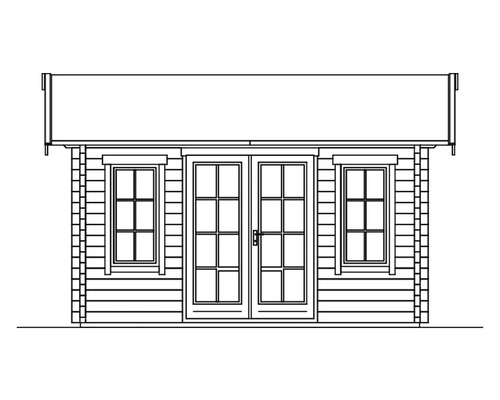 Illustration eines Gartenhauses mit Doppeltür und Fenstern