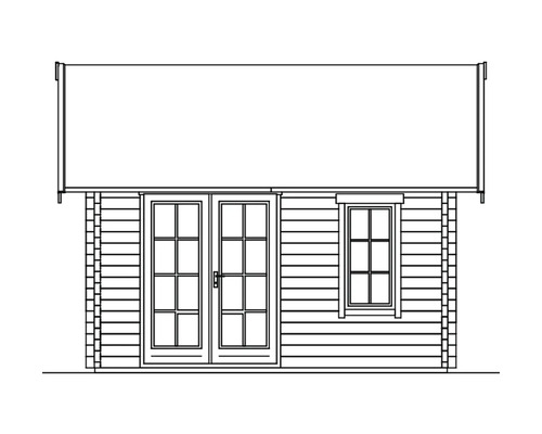 Illustration eines Gartenhauses mit Doppeltür und Fenster