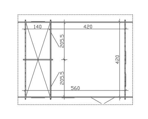 Zeichnung eines Gartenhauses mit Größenangaben