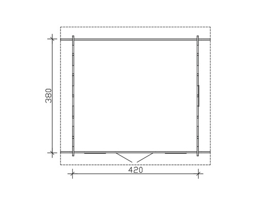 Grundrisszeichnung einer Gartenlaube mit den Maßen 380 x 420 cm.