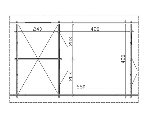 Grundrisszeichnung eines Gartenhauses mit Maßangaben