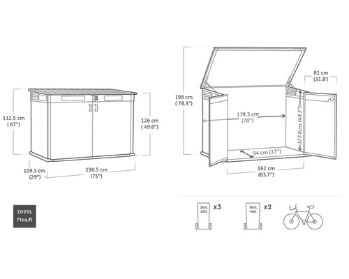 Abbildung mit Maßangaben zur Keter StoreBox Aufbewahrungsbox
