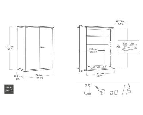 Technische Zeichnung eines Geräteschranks mit Größenangaben