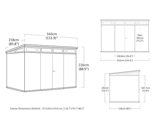 Technische Zeichnung eines Gartenhauses mit Maßangaben