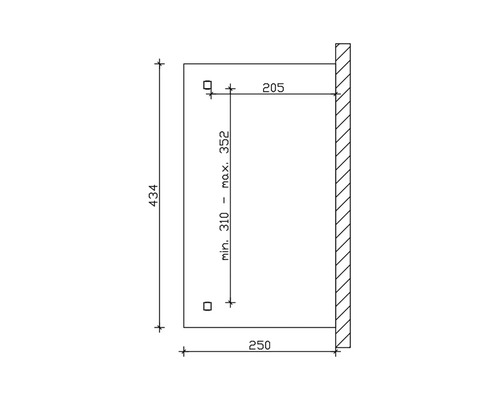 Technische Zeichnung mit Maßangaben für ein Produkt, inklusive Höhen- und Breitenangaben.