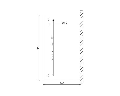 Technische Zeichnung mit Maßangaben für ein Produkt. Höhe 541, Breite 300, minimale Montagehöhe 417, maximale Montagehöhe 452, Tiefe 255.