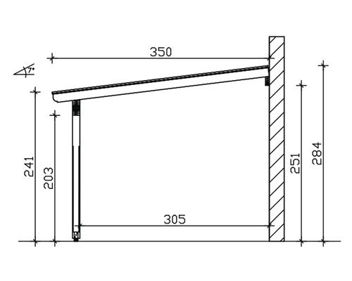 Technische Zeichnung einer Terrassenüberdachung mit Maßangaben.