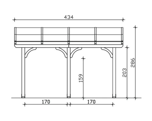 Technische Zeichnung einer Holzpergola mit Maßangaben