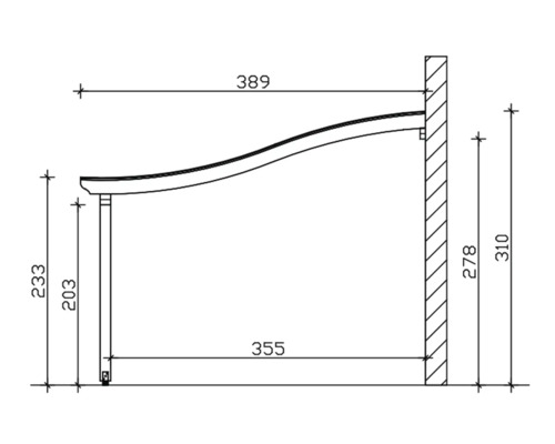 Technische Zeichnung einer Markise mit Maßangaben