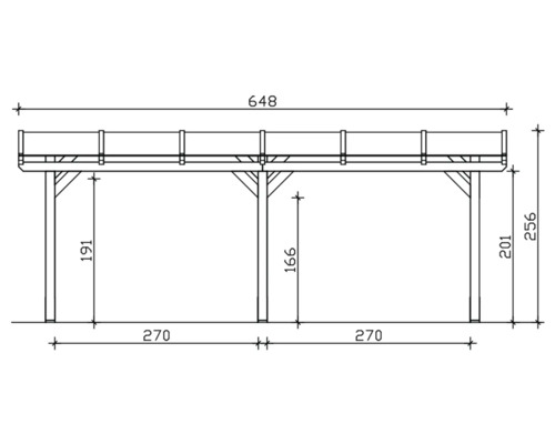 Technische Zeichnung eines Holzcarports mit Maßangaben