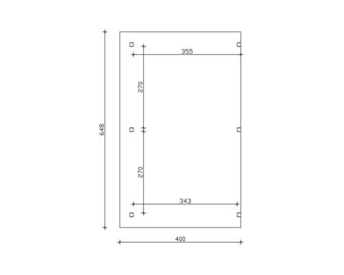 Bauplan mit Maßangaben: 648 mm Höhe, 400 mm Breite, 355 mm obere Breite, 343 mm untere Breite, 270 mm Seitenhöhe