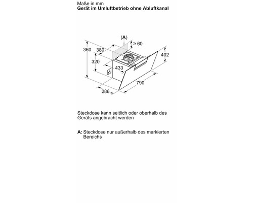 Maßzeichnung einer Dunstabzugshaube mit Angaben zur Installation und Abmessungen in Millimetern