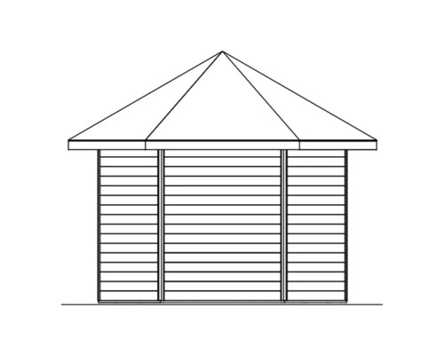 Abbildung eines Gartenhauses mit Holzwänden und einem pyramidenförmigen Dach