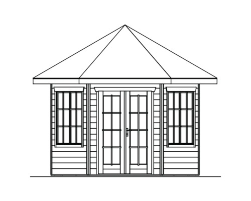 Illustration eines Gartenhauses mit Doppeltür und Fenstern