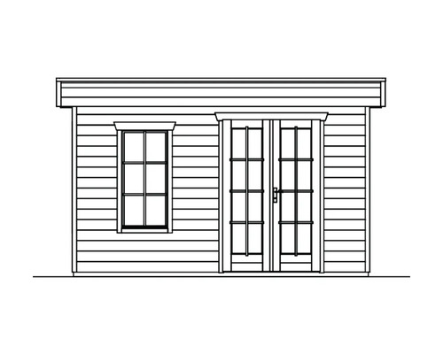 Illustration eines Gartenhauses mit Fenster und Doppeltür.