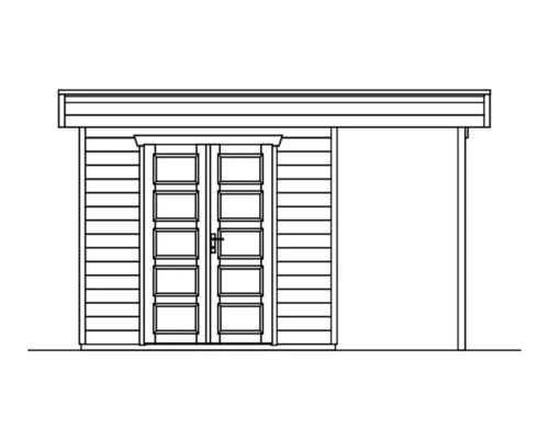 Illustration eines Gartenhauses mit Doppeltür und Vordach