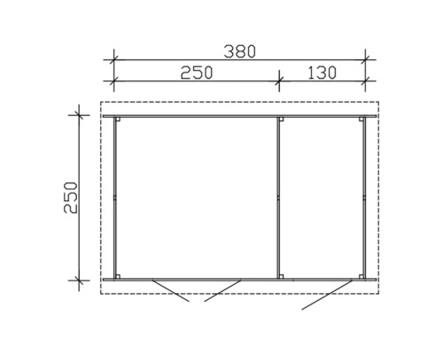 Grundrisszeichnung eines Gartenhauses mit den Maßen 250 mal 380 Zentimeter.