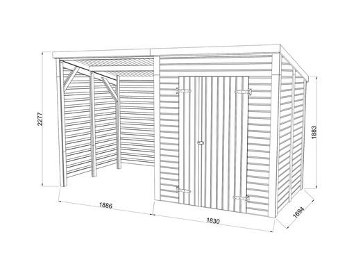 Technische Zeichnung eines Gerätehauses mit Schleppdach und Maßangaben