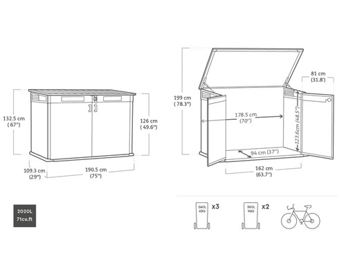 Abmessungen einer Gerätebox, geschlossen und geöffnet dargestellt