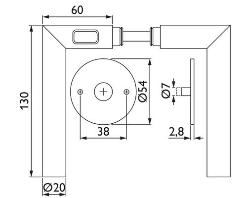 Technische Zeichnung eines Türgriffs mit Maßangaben